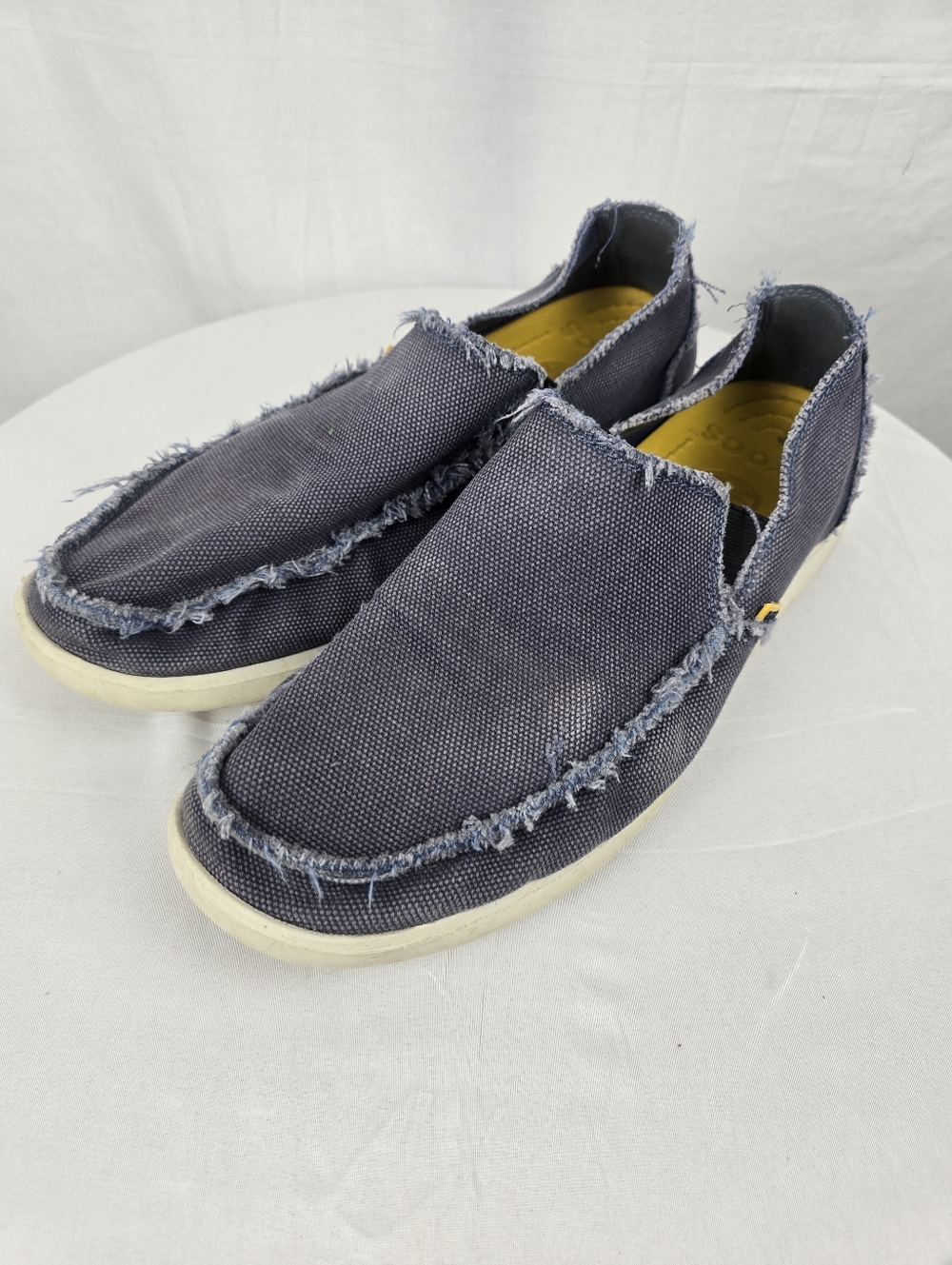 CROCS Faded Frayed Canvas Navy Blue with Cream Sole Slip On Loafers Sz 12